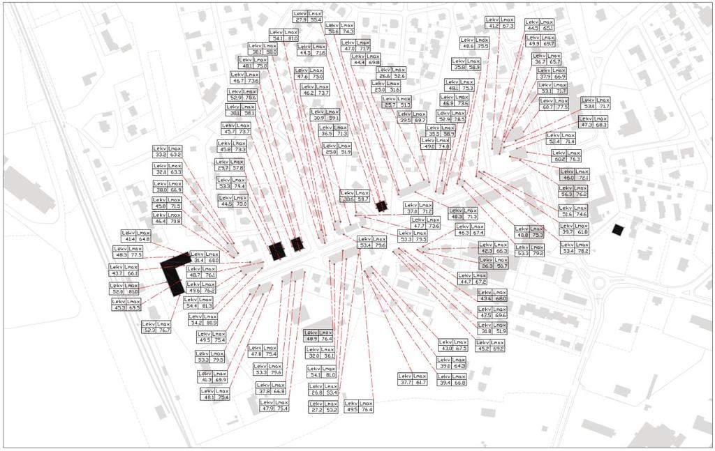 7(15) Kartan visar maximal ljudnivå under natt. Svart byggnadskropp representerar ny byggnad.