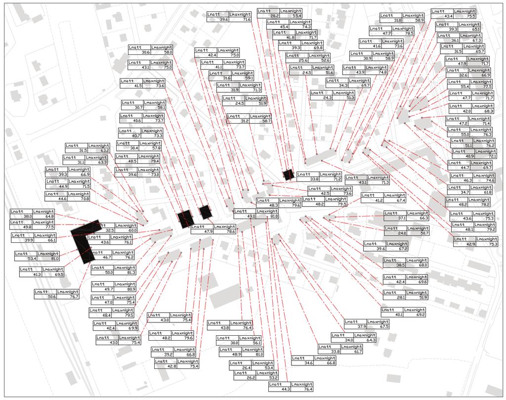 8(15) Kartan visar ekvivalent och maximal ljudnivå under natt. Svart byggnadskropp representerar ny byggnad.