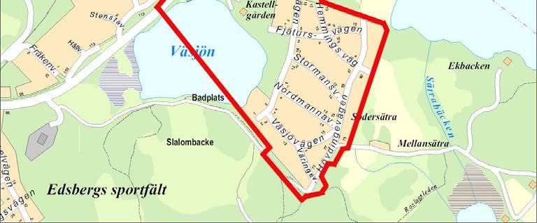Se nedanstående karta. Avgränsning av detaljplaneområdet. För mer detaljerad avgränsning, se plankartan. Huvuddelen av planområdet ägs av privatpersoner.