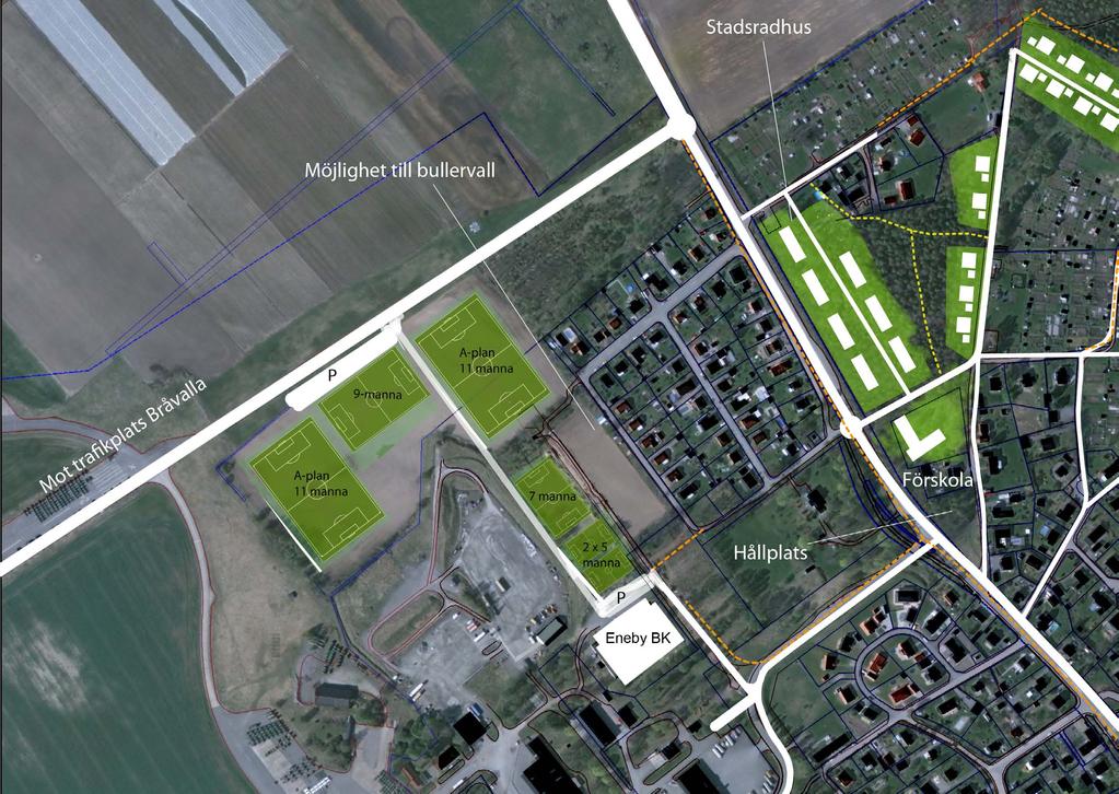 Förslag över fotbollsverksamheten Fotbollsverksamhet Eneby bollklubb huserar idag i den mittersta delen av planområdet där föreningens klubbstuga tillsammans med ett antal fotbollsplaner finns.