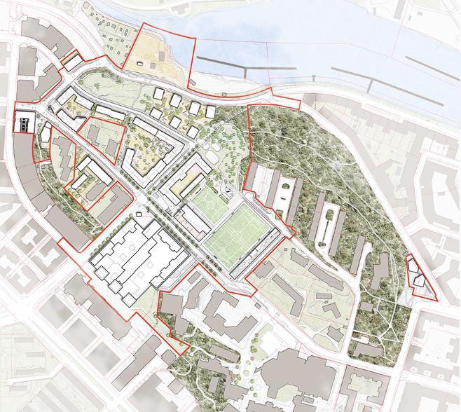 Illustrationsplan under granskningsskedet - Detaljplanområde i heldragen röd linje. Ny bebyggelse i vitt. Blå ring avser JM:s projekt.