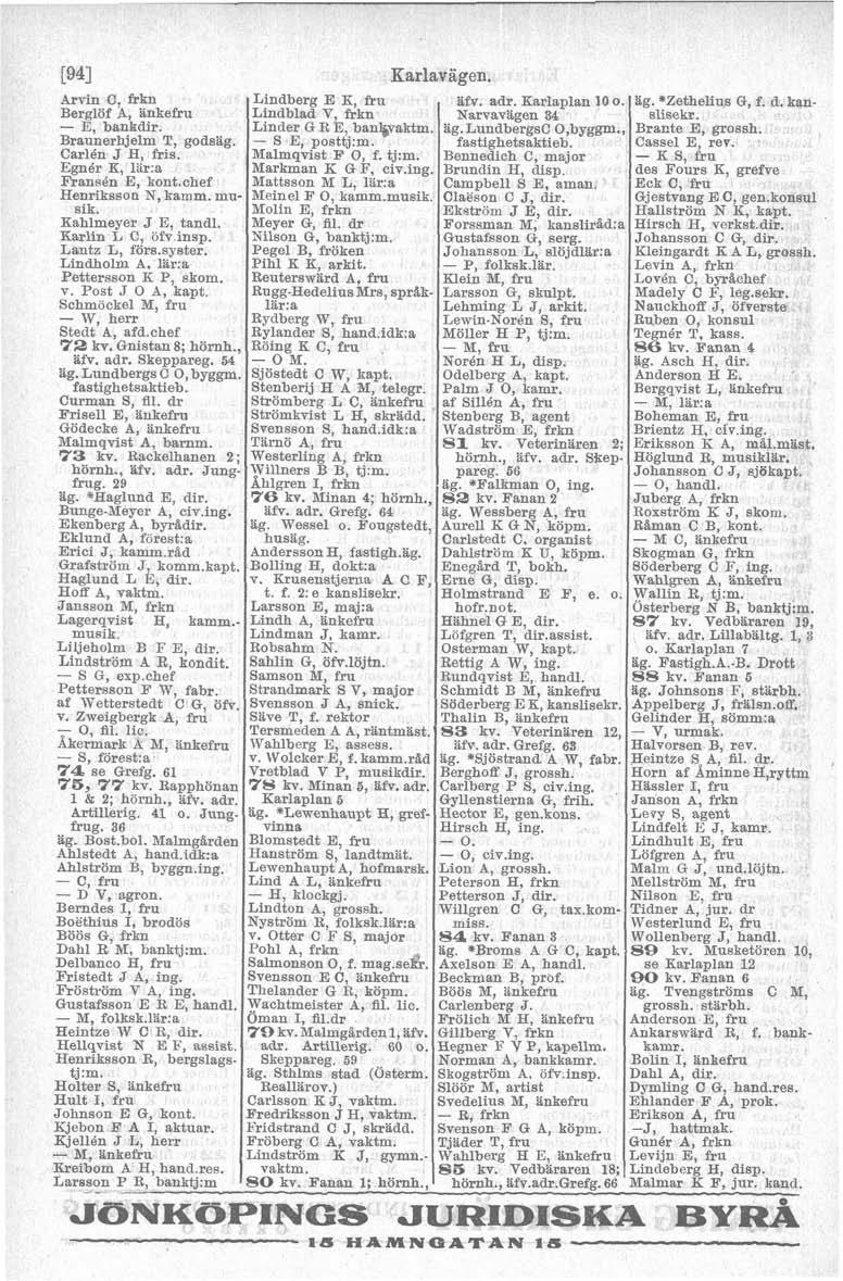 ' - Karlavagen. Arvin C frkn Lindberg E K fru % v. adr. Karlaplan 10 o. äg. "Zethelius G, f. d. kan- Berglöf k, änkefru Lindblad V, dkn Narvavägen 34 slise kr. - C bankdir. Linder G; R E, bankvaktm.