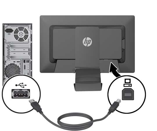 4. Anslut ena änden av den medföljande USB-kabeln till USB-hubbuttaget på datorns baksida, och den andra änden till USB-inmatningsporten på bildskärmen. 5.