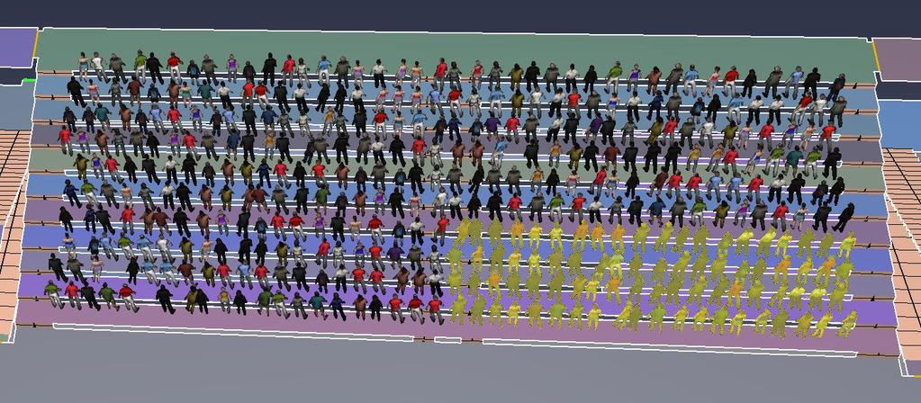 Figur 41 Översikt över läktaren i sporthallen där personerna nere till höger är markerade Av de personerna som befinner sig på mittersta läktarraderna (markerade i bilden nedan) utrymmer