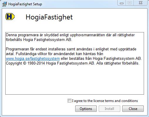 Här klickar du i rutan efter att ha läst och godkänt villkoren och trycker på knappen Options, i nästa dialogruta som visas väljer du var programmet ska installeras,