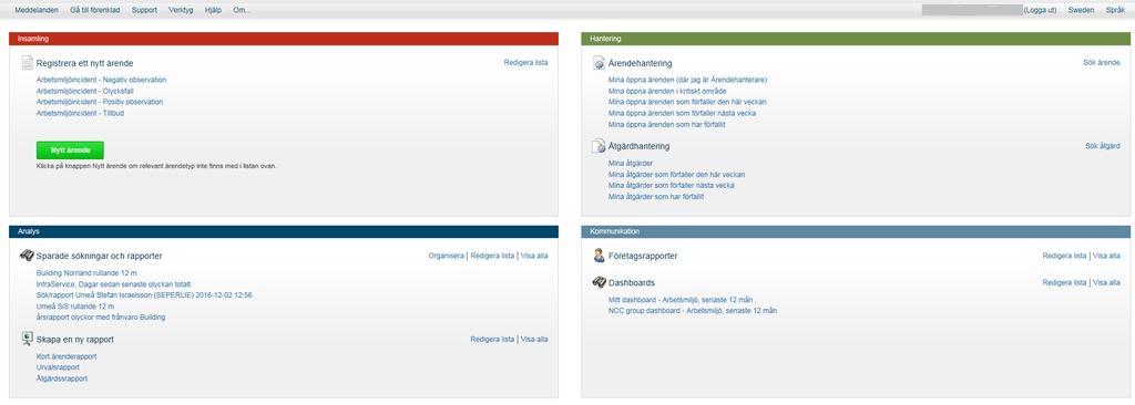 7 2.2.2. Synergi Webb Synergi webb är en webbsida som används vid registrering av ärenden. Denna process är den längsta i systemet. Framsidan i synergiwebbsidan delas i fyra delar se bild 1.