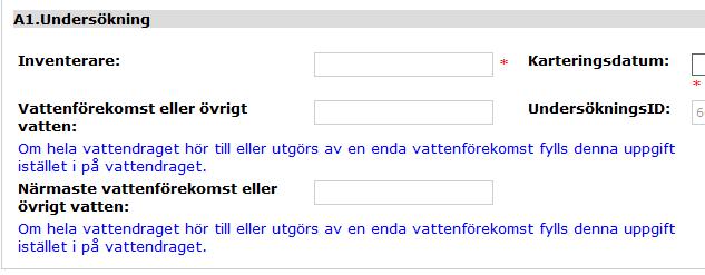 Om det vattendrag du skapar protokoll för tillhör flera vattenförekomster angavs inte vattenförekomstens EU_CD när vattendraget skapades och det måste istället fyllas i protokollet, se Figur 10.