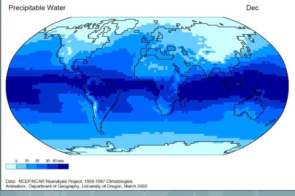 Vatten i atmosfären Vattenånga främst i tropikerna, men