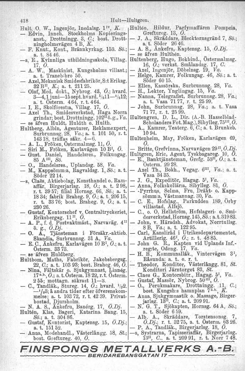 .. 418 Hult-Hultgren., Hult, O. W., Ingenjör, Inedalsg. 1IV, K. Hulten, Hildur, Parfymaffären Pompeia, - Edvin, Inneh, Stockholms Kopierings- Greftureg. 13, O. anst., Drottningg. 3, C.