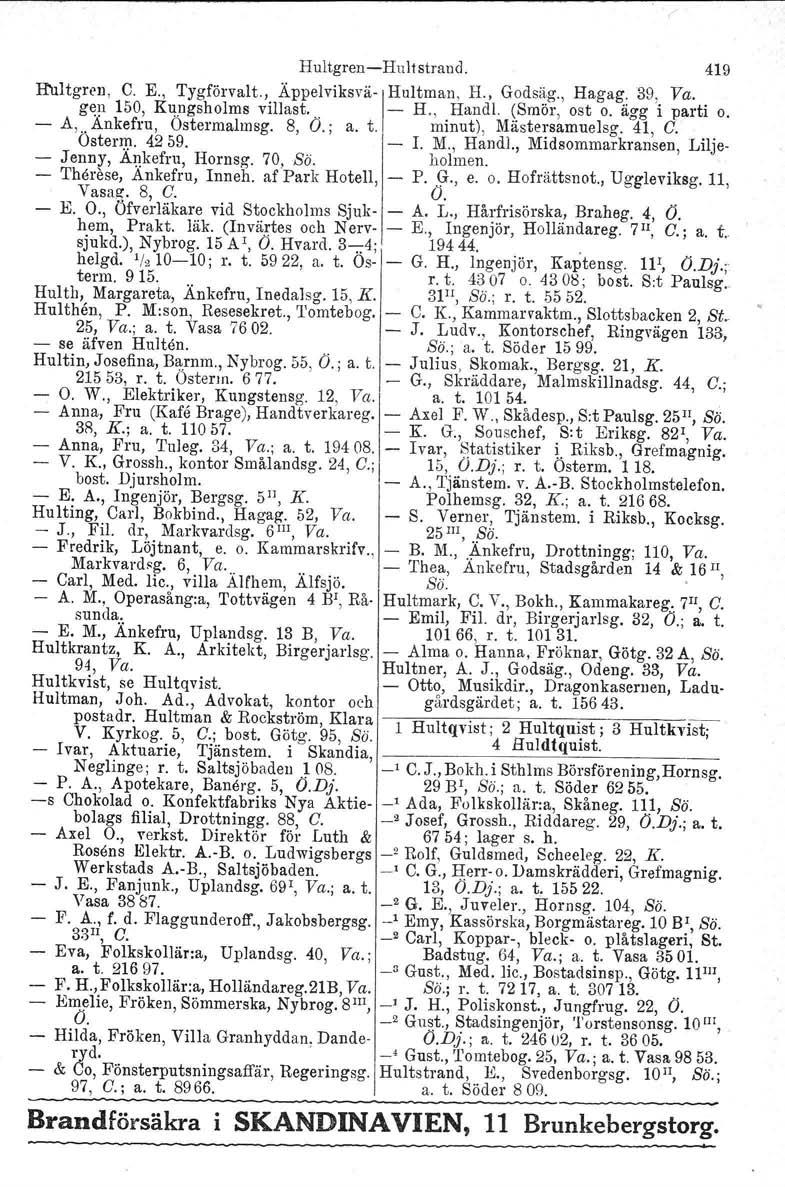 Hultgren-Hultstraud. 419 Hultgren, C. E., Tygförvalt., Äppelviksvä-/Hultman, H., Godsäg., Hagag. 39, V;..a. gen 150, Kungsholms villast. - H., Handl. (Smör, ost o. ägg i parti o.