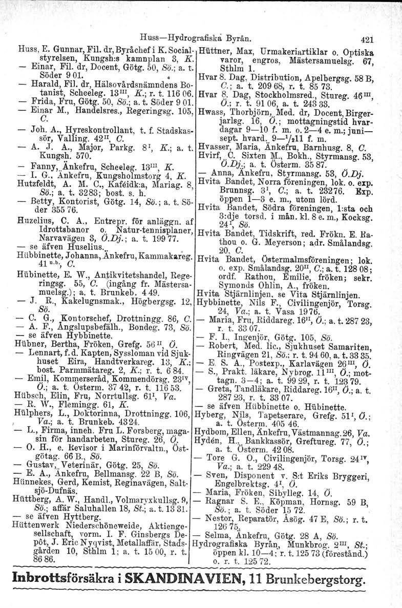 H uss- Hydrografiskå Byrån. 42i Huss, E. Gunnar, Fil. dr, Byråchef i K. Social- Hättner, Max, Urmakeriartiklar o. Optiska styrelsen, Kungsh:s kamnplan 3, K. varor, engros, Mästersamuelsg.