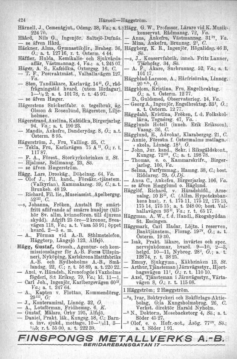 424 Härnell-e-Häggström. Håmell, J., Cementgjut., Odeng. 38, Va.; a. t. Hägg, G. W., Professor, Lärare vid K. Musik- 22470. konservat. Rådmansg. 72, Va. Håård, Nils G., Ingenjör, Saltsjö-Dufnäs.