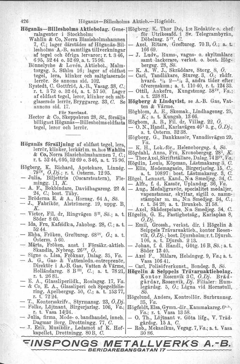 426 Höganäs-Billesholms Aktieb.-Högfeldt. Höganås--Billesholms Aktiebolag. Gene-I Högberg, K. Thor Die, l:e Redaktör o. chef ralagenter i Stockholm: ' för Utrikesafd. i Sv.
