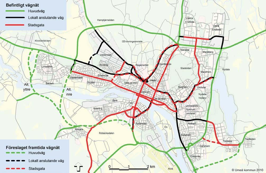 Bilden visar befintligt och förslaget framtida vägnät, Översiktsplan Umeå kommun - Fördjupning för Umeå - Umeås framtida tillväxtområde.