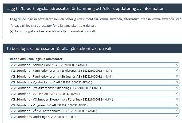 Ta bort logiska adressater Här kan du beställa borttagande av inaktuell information, välj Administrera Tjänsteproducent För att ta bort logiska adressater för valda tjänstekontrakt Markera Ta bort.