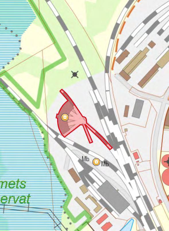 Underspolningsplats Lokstallar Vändskiva med spår in till stallplatserna Sidospår Inkommande spår Vattenhästar Vattentorn Skärmklipp från bebyggelseregistret. Bilden visar byggnadsminnets avgränsning.