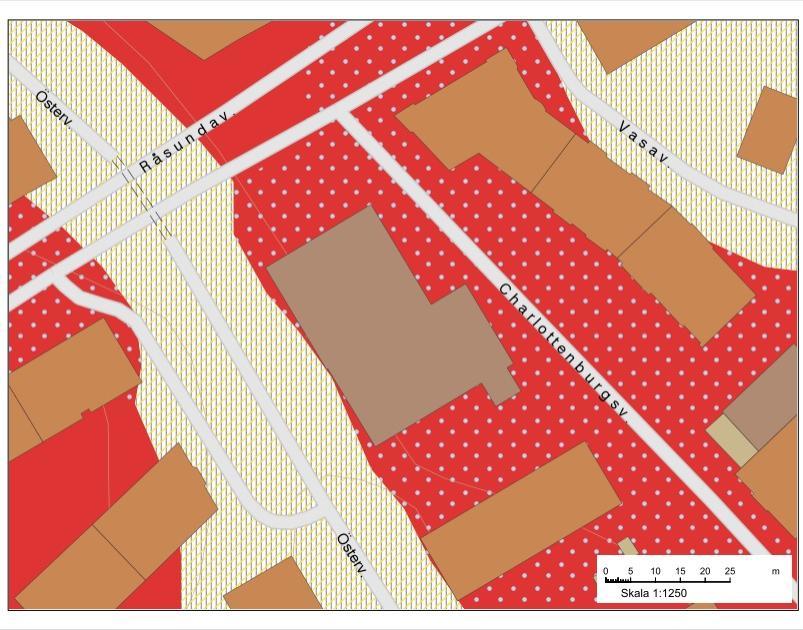 Figur 2. SGU:s jordartskarta över undersökningsområdet. Röd färg med blå prickar=berg i dagen eller med tunt lager morän, beige färg=fyllning överlagrande lera (källa: https://apps.sgu.