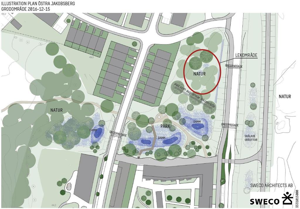 Figur 4. Nuvarande skiss framtagen av Sweco. Röd cirkel indikera ungefärliga placering av lekvatten (H) och blå förekommande vall.