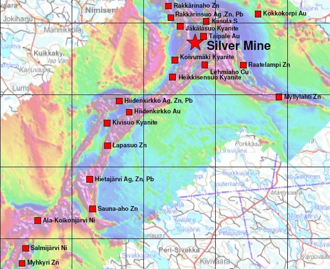 YTTERLIGARE POTENTIAL I OMRÅDET Prospects of Sotkamo Silver Oy in Tipasjärvi Greenstone Belt area; aeromagnetic low altitude map, picture width 22km Ø Grönstensbälten är kända för sin världsklass i