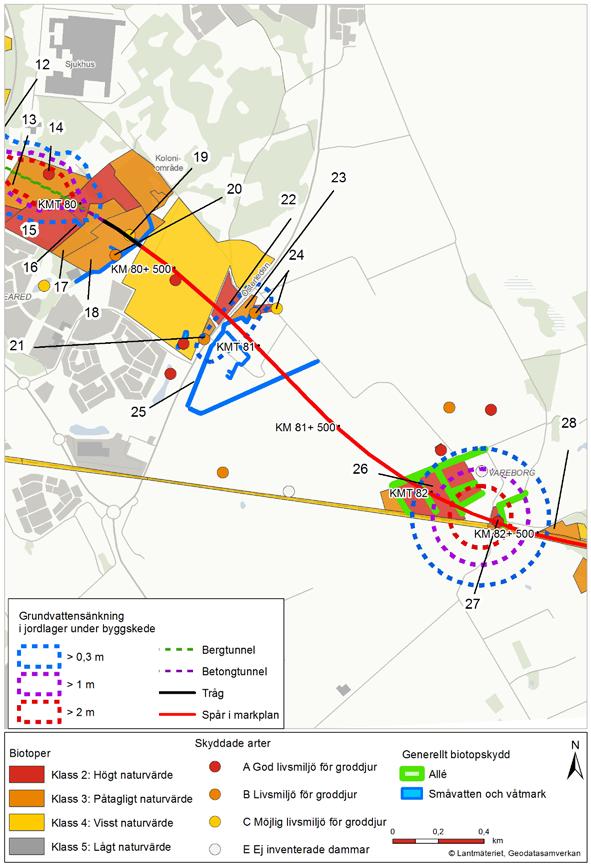 Varbergstunneln, Västkustbanan, Varberg-Hamra Miljökonsekvensbeskrivning Kapitel 7 - Påverkan, effekter och konsekvenser av grundvattenbortledning och infiltration Figur 7.