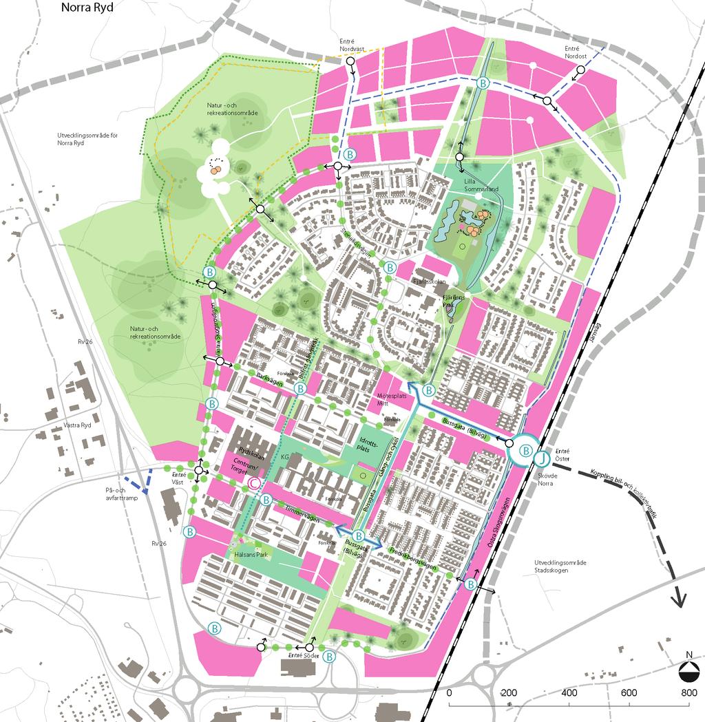 Visionsbild Visionsbilden visar hur Södra Ryd föreslås se ut i framtiden, med bland annat nya eller förändrade kvarter, aktivitetsområden,