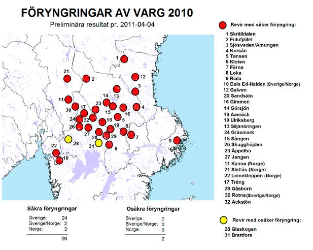 Vargrapport Den geografiska fördelningen av säkra och osäkra föryngringar av varg i Skandinavien 2010, per 2011-04-04.