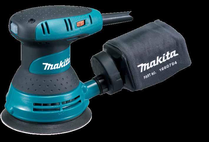 Byggaren provar excenterslipar» Makita excenterslip BO5031K Vikt: 1,3 kg Rondelldiameter: 125 mm Oscillationsfrekvens: 4 000 12 000 v/min Sliprörelse: 2,8 mm Märkeffekt: 300 W Ca pris exkl.