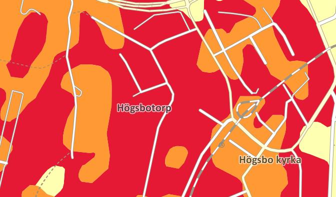 Figur 10 SGU's jordartskarta över planområdet, där röd = berg, orange = friktionsmaterial och ljus gul = lera.