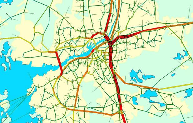 11 (18) Vägarnas betydelse för privatresenärer och godstransporter Bilden nedan visar ungefärligt hur trafikbelastningarna ser ut på Göteborgs vägnät och ger därmed en bild av vägnätets funktion.