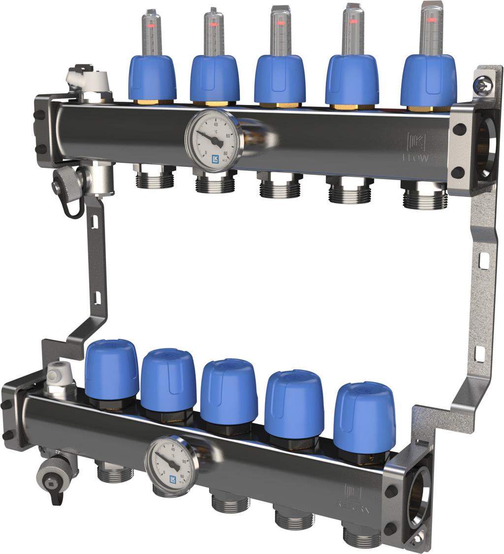 LK Värmekretsfördelare RF Utförande LK Värmekretsfördelare RF är tillverkad i rostfritt stål och finns i utförande från 1 till 12 st golvvärmekretsar.