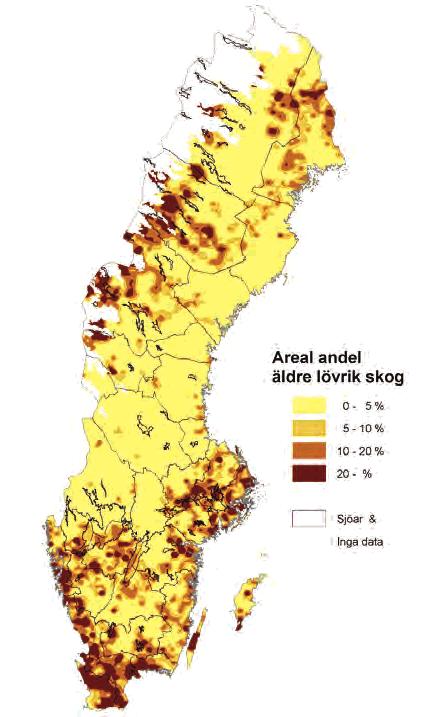 Andel äldre, lövrik skog Figur 5.12. Andel äldre, lövrik skog av total skogsmarksareal, procent. Skogsmark utanför 2006 års reservatsgränser. 2003-2007.