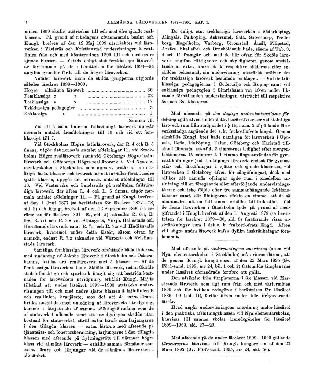 2 ALLMÄNNA LÄROVERKEN 1899-1900. KAP. 1. minen 1899 skulle utsträckas till och med öfre sjunde realklassen. På grund af riksdagens ofvannänmda beslut och Kungl.