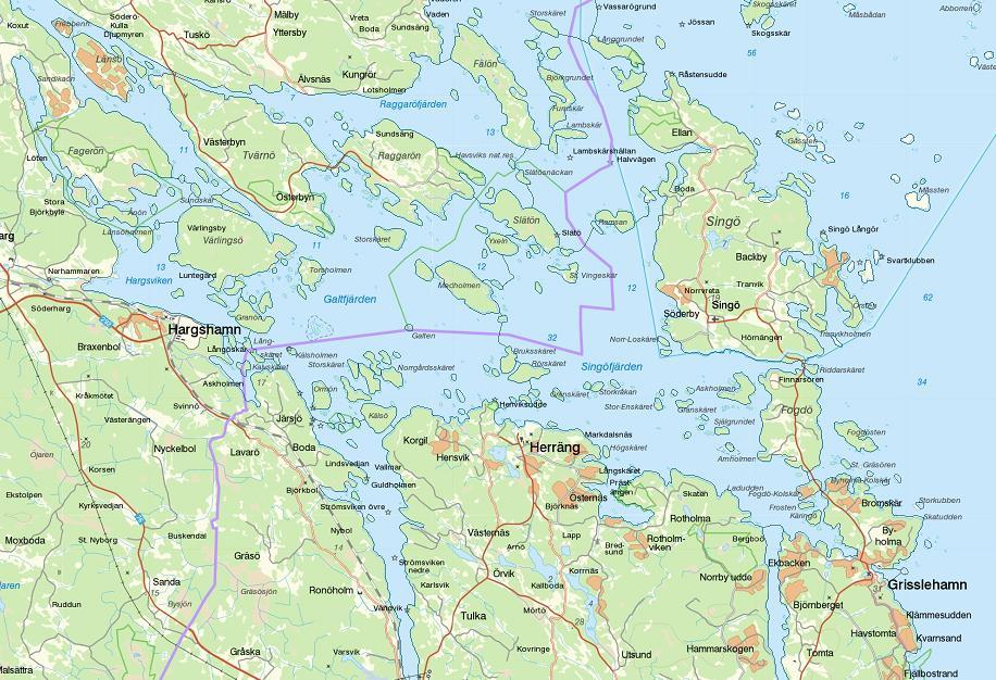 Galt- och Singöfjärden Galtfjärden upptar en yta av 32 km2 och Singöfjärdens yta är 37 km2. De båda vattenförekomsterna omfattar skärgårdsområdet från Hargshamn i väster till Singö i öster.