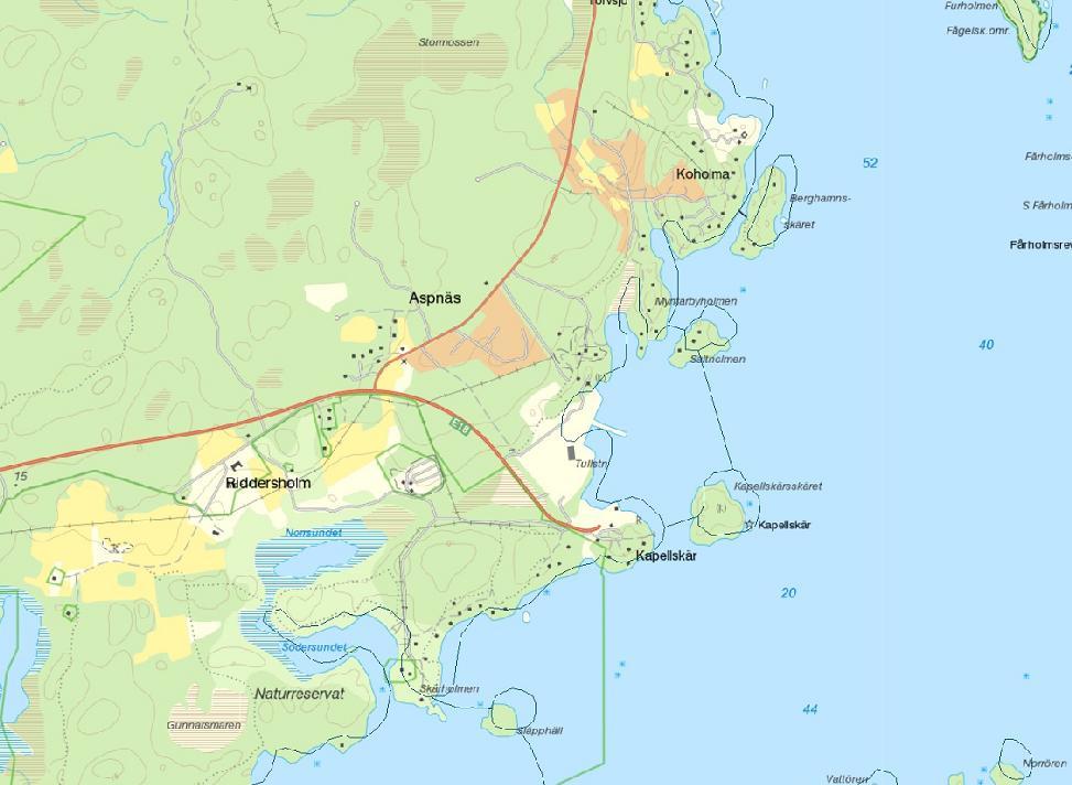 Kapellskärs hamnområde Kapellskärs hamnområdes yta upptar 0,5 km2. Vattenförekomsten omfattar vattenområdet innanför och mellan Kapellskärsskäret och Saltholmen.