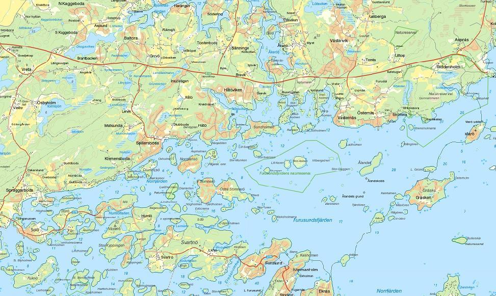 Ålandsfjärden Ålandsfjärdens yta upptar 40 km2. Vattenförekomsten sträcker sig från Hysingsvik i väster till Kapellskär i nordost och till Blidös nordligaste udde i öster.