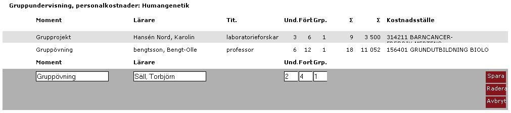 De fält som ska fyllas i är: Ämne Moment Lärare Und. Undervisning, faktiskt antal lektionstimmar. Förb. Förberedelse, beräknas enligt ovan angivna riktlinjer. Grp. Antal grupper.