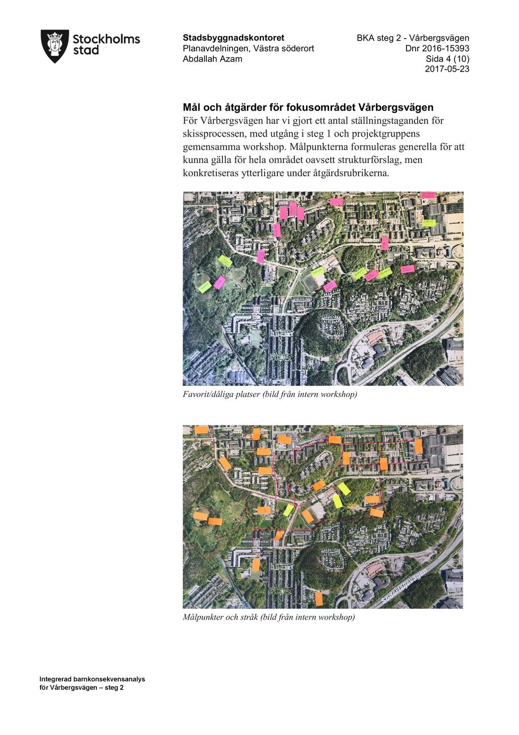 Stadsbyggnadskontoret BKA ste g 2 - Vårbergsvägen Sida 4 ( 10) 2017-05-23 Mål och åtgärder för fokusområdet Vårbergsvägen För Vårbergsvägenhar vi gjort ett antal ställningstaganden för