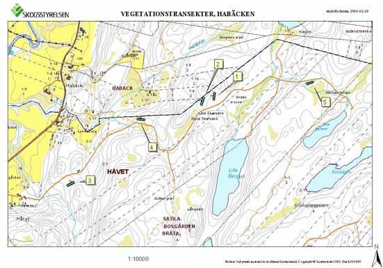 Figur 24. Fem vegetationstransekter lades ut inom varje område. Kartan visar Habäcken som ett exempel. Tabell 6. I områdena som skulle kalkas genomfördes vegetationsanalyser före och efter kalkning.