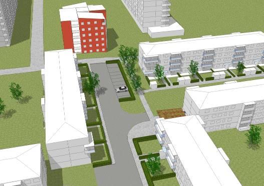 För att garantera tillräcklig mängd p-platser utan att behålla de stora parkeringsytorna föreslås en del av bebyggelse ligga ovanpå ett tillkommande parkeringsgarage.