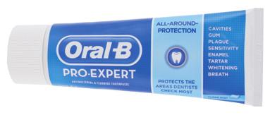 3 borstlägen: rengöring mjuk polering 20 % Pro-Expert All-Around Protection Antibakteriell tandkräm med fluor 1450 ppm, 1100 ppm tennfluorid + 350 ppm natriumfluorid samt polysfosfat.