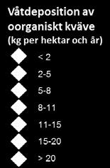 a b c Figur 12. Kvävehalt (Kjeldahl-N) i mossprover från 2015 (mg/kg torrvikt) (a). Totaldepositionen av kväve, kg/ha och år, som ett medelvärde för perioden 2012-2014.