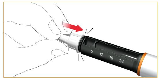 Klicka fast/vrid på injektionspennans nål på cylinderampullens hölje. Avlägsna nålens yttre skyddshatt.