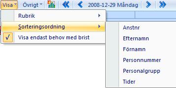 Visa, på bilden uppgift/dag Visa, rubrik Du kan här välja om du ska visa förnamn, efternamn och/eller anställningsnummer för de anställda i