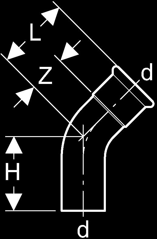 Böj 45 med 1 muff R=1,2 Artikel nr d L H Z 155 52 65 76,1