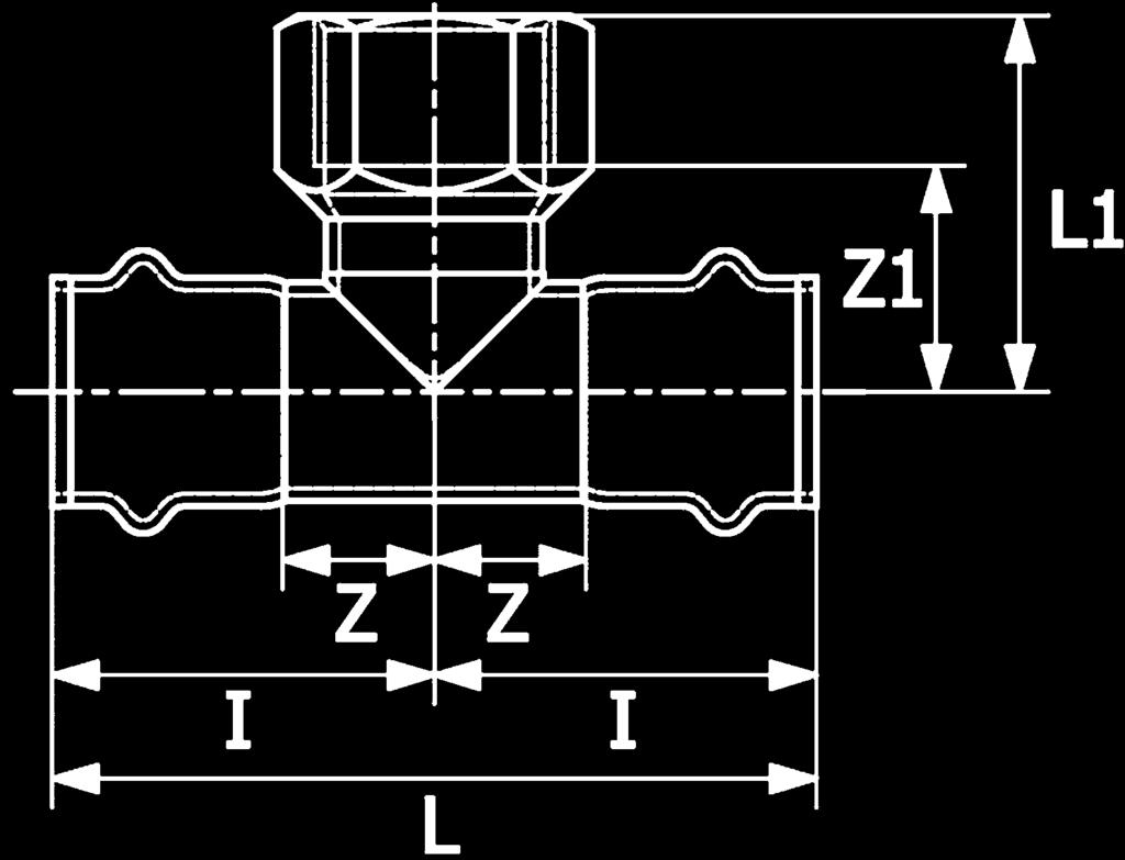 T-rör med invändigt gängat avstick Artikel nr d-rp-d L L1 Z Z1 I 155 64 73 12-Rp 3 / 8-12 56 33 10 23 28 155 64 74 12-Rp½-12 56 36 10