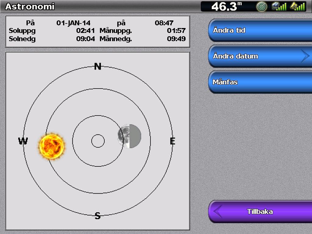 Visa information Visa information om himlakroppar På skärmen Astronomi kan du visa astronomidata för sol- och mån uppgång/nedgång, månfas och ungefärlig himlavalvsplats för solen och månen.