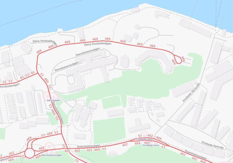 6.2 BUSS Det är för nuvarande två busslinjer som servar området linje 53 och 469 SLG-huset Figur 6-3 Busslinjerna som servar SLG-huset.