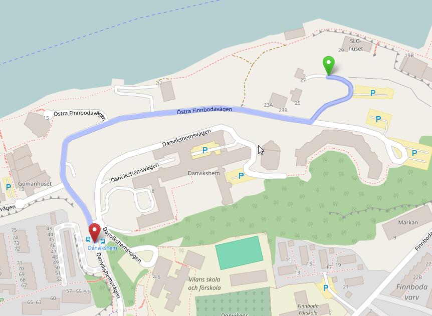 53ans busshållplats på Danvikshemsvägen, ligger ca 550 meter från fastigheten (den gröna cirkeln) och det tar ca 5 minuter att gå den sträckan.