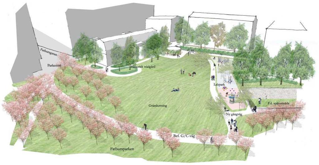 12 (13) Perspektiv överdäckning och sammanlänkning av Mariagårdstäppan och Fatbursparken, Andersson Jönsson landskapsarkitekter AB I detaljplaneskedet är det viktigt att tillsammans med Banverket