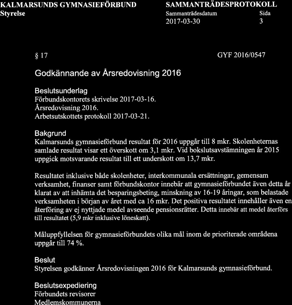 KALMARSUNDS GYMNASIEFORBUND Styrelse 75 SAMMANTRÄDESPROTOKOLL Sammanträdesdatum Sida 2017-03-30 3 $17 GYF 201610547 Godkännande av Arsredovisning 2016 Beslutsunderlag Förbundskontorets skrivelse